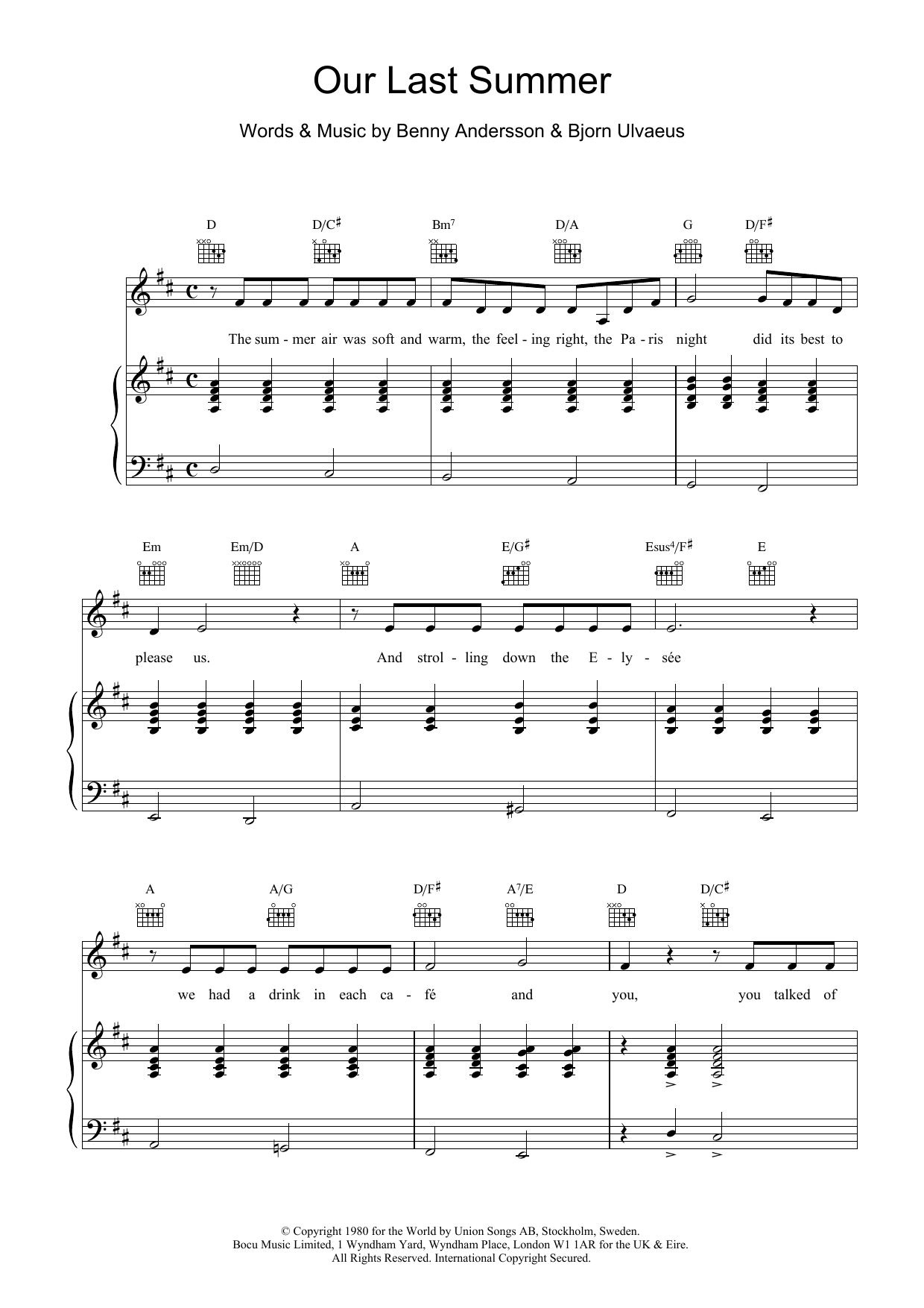 ABBA Our Last Summer Sheet Music Notes & Chords for Easy Piano - Download or Print PDF