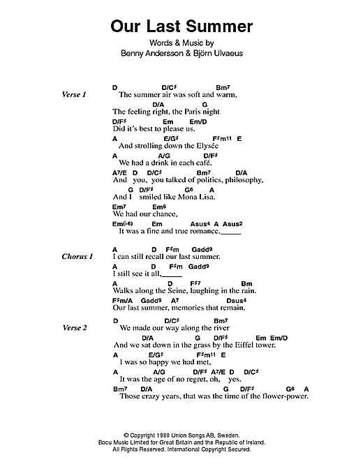 Abba Our Last Summer Sheet Music Download Pdf Score 46836 View abba song lyrics by popularity along with songs featured in, albums, videos and song meanings. sheet music notes chords