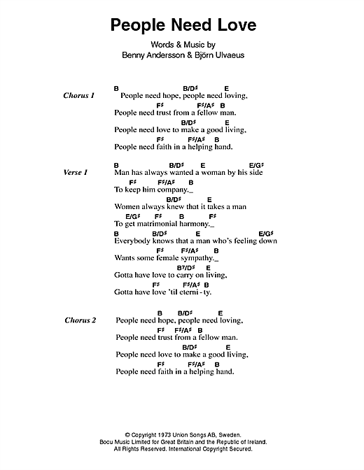 ABBA People Need Love Sheet Music Notes & Chords for Lyrics & Chords - Download or Print PDF