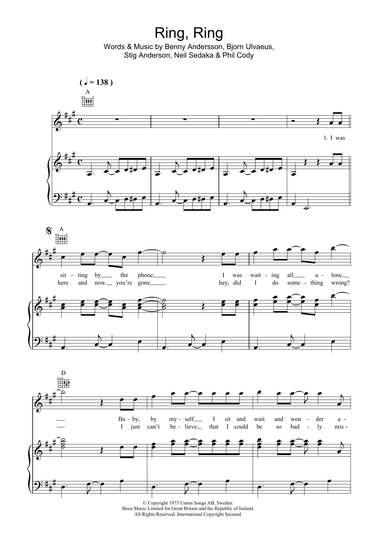 ABBA Ring, Ring Sheet Music Notes & Chords for Lyrics & Chords - Download or Print PDF