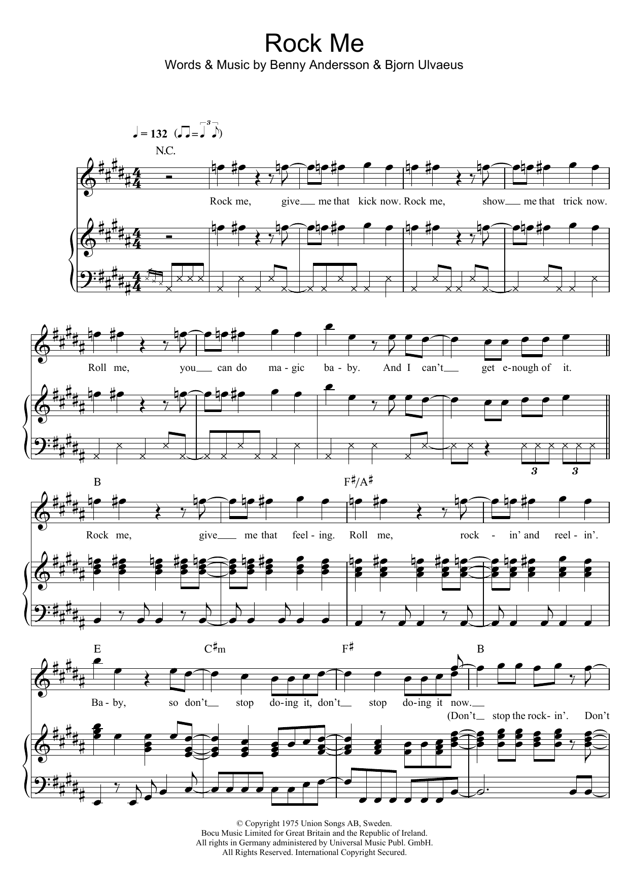 ABBA Rock Me Sheet Music Notes & Chords for Piano, Vocal & Guitar (Right-Hand Melody) - Download or Print PDF