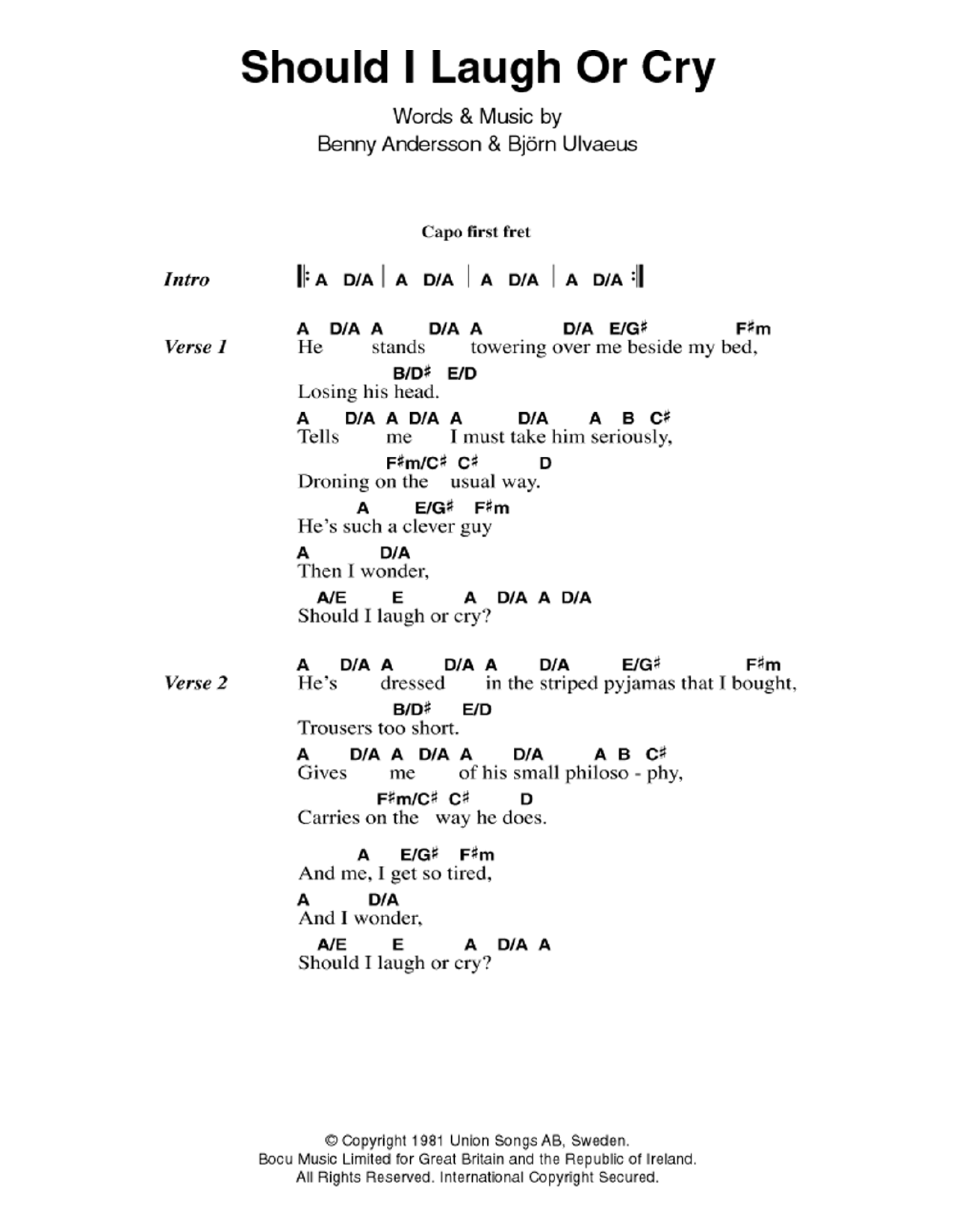 ABBA Should I Laugh Or Cry Sheet Music Notes & Chords for Lyrics & Chords - Download or Print PDF