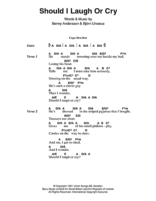 ABBA Should I Laugh Or Cry Sheet Music Notes & Chords for Lyrics & Chords - Download or Print PDF