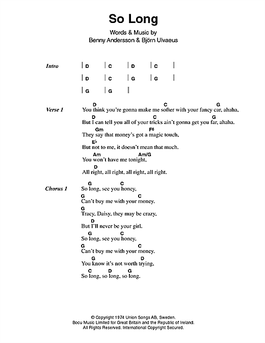 Preview ABBA So Long Pop sheet music, notes and chords for Piano, Vocal & Guitar (Right-Hand Melody), SKU: 19225 sheet music, piano notes, chords, guitar tabs, score, transpose, transcribe, how to play, guide, download, learn, tutorial, progression, song, artist, awards, billboard, mtv, vh1, tour, single, album, release