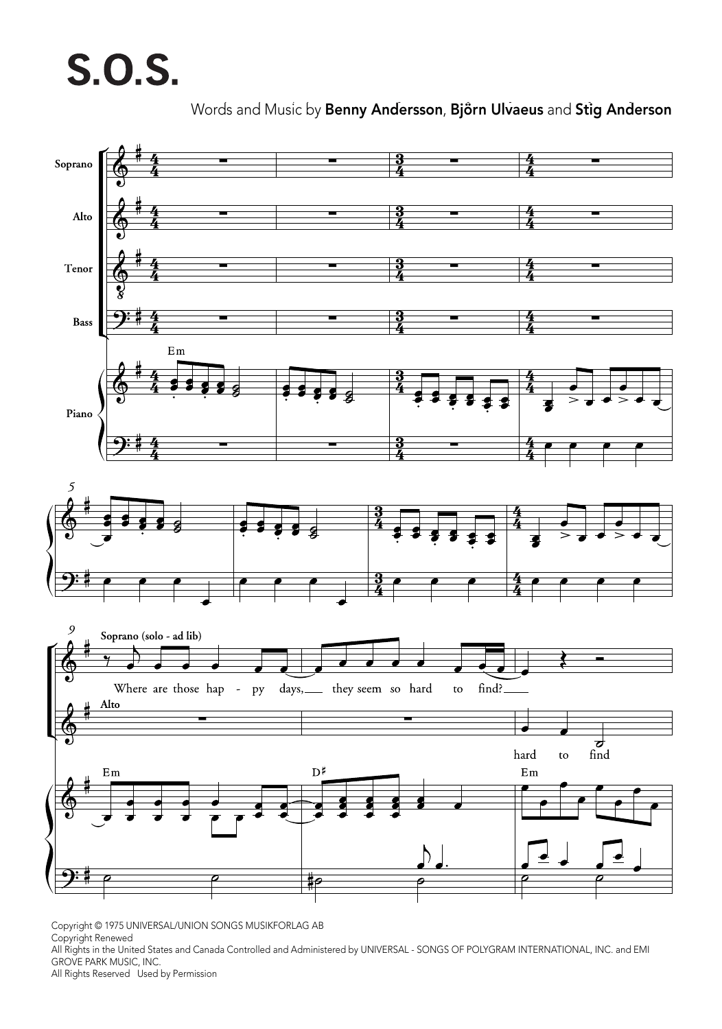 ABBA S.O.S. (arr. Ralph Allwood & Lora Sansun) Sheet Music Notes & Chords for SATB Choir - Download or Print PDF ABBA S.O.S. (arr. Ralph Allwood & Lora Sansun) Sheet Music Notes & Chords for SATB Choir - Download or Print PDF