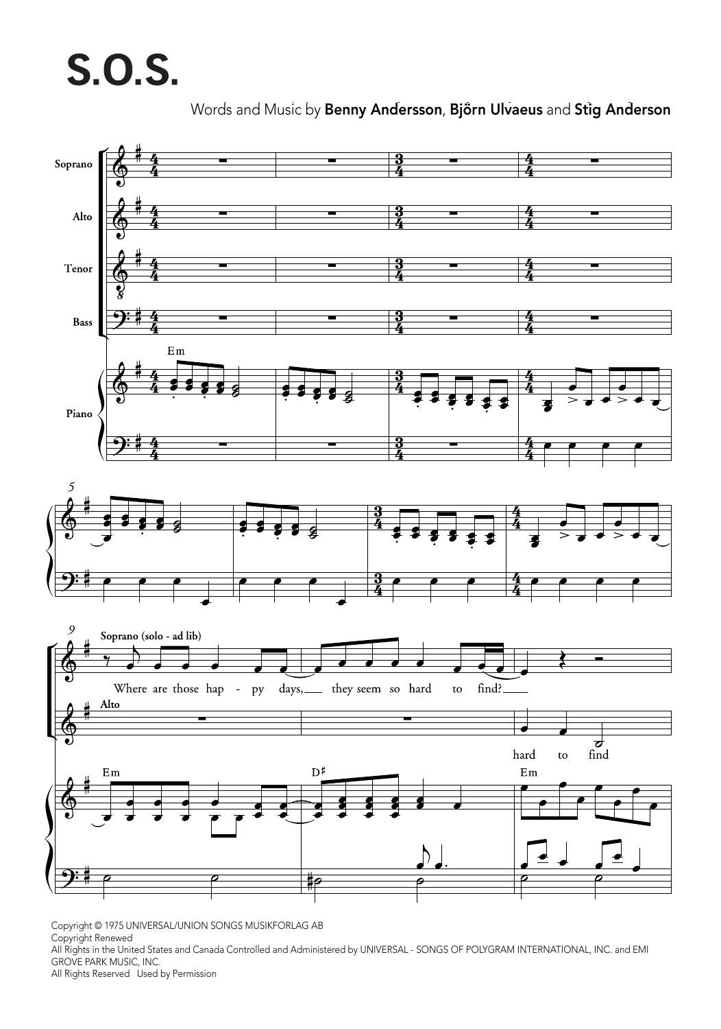 ABBA S.O.S. (arr. Ralph Allwood & Lora Sansun) Sheet Music Notes & Chords for SATB Choir - Download or Print PDF