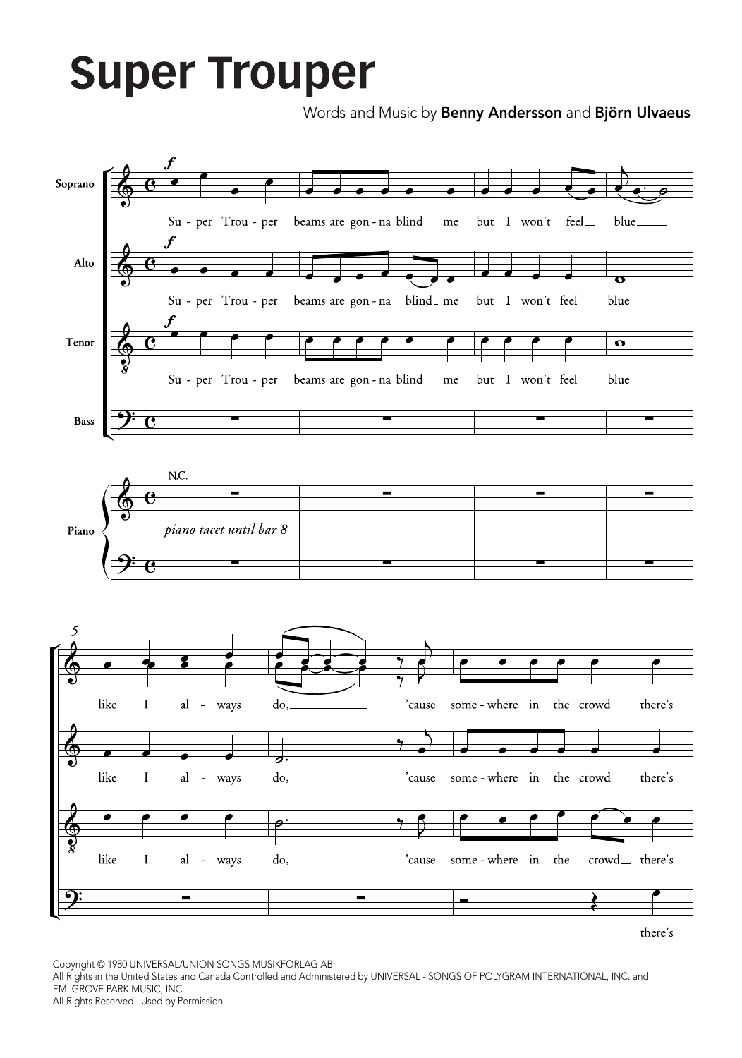 ABBA Super Trouper (arr. Ralph Allwood & Lora Sansun) Sheet Music Notes & Chords for SATB Choir - Download or Print PDF
