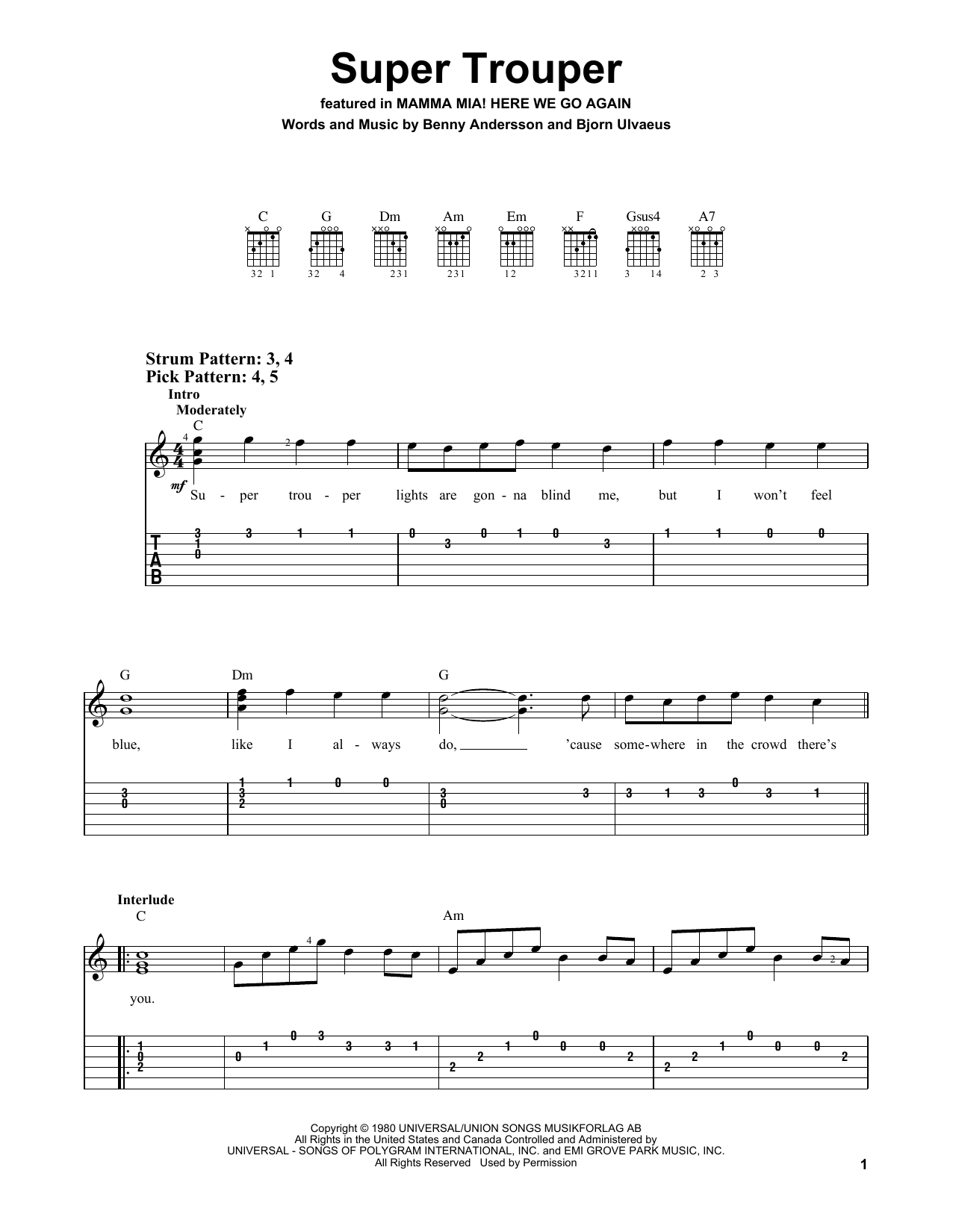 ABBA Super Trouper (from Mamma Mia! Here We Go Again) Sheet Music Notes & Chords for Easy Guitar Tab - Download or Print PDF