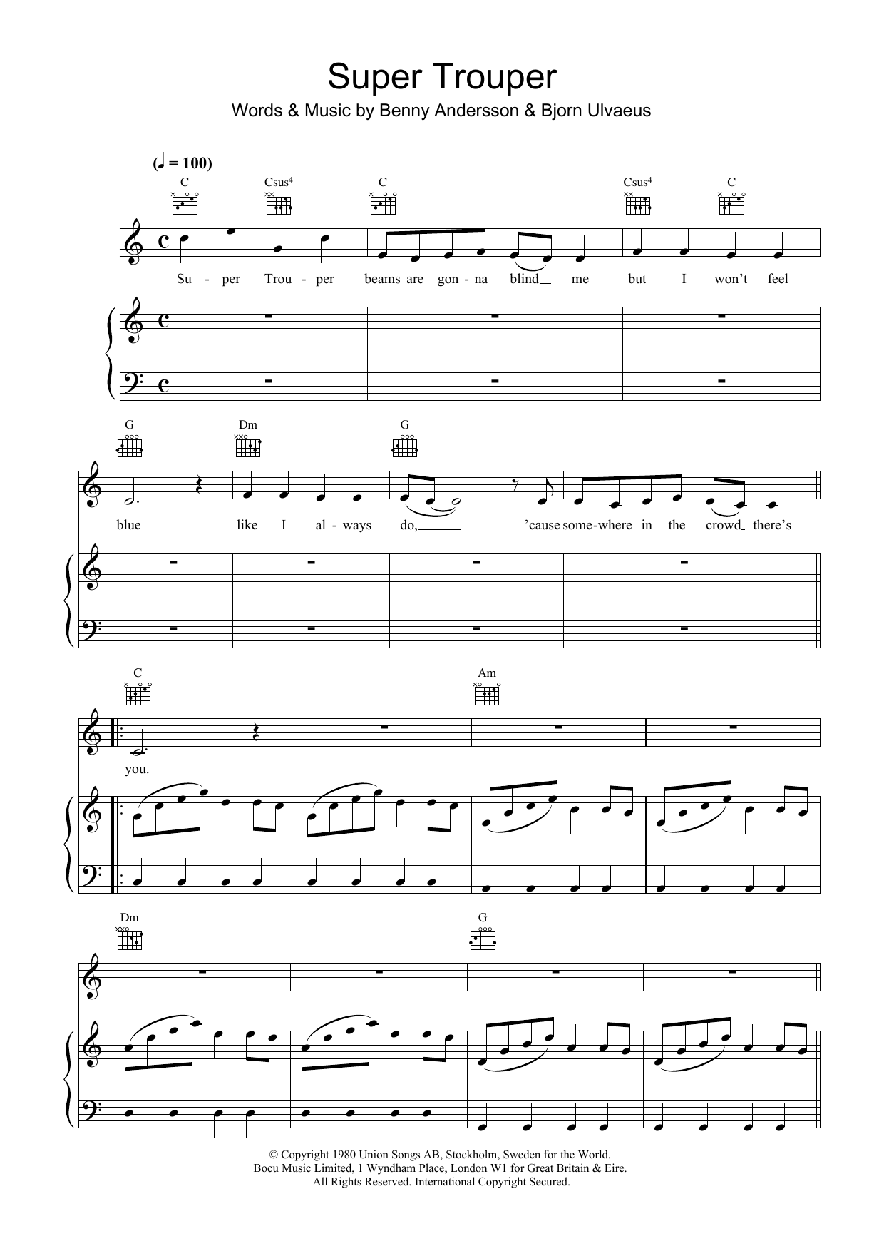 ABBA Super Trouper sheet music notes and chords. Download Printable PDF.