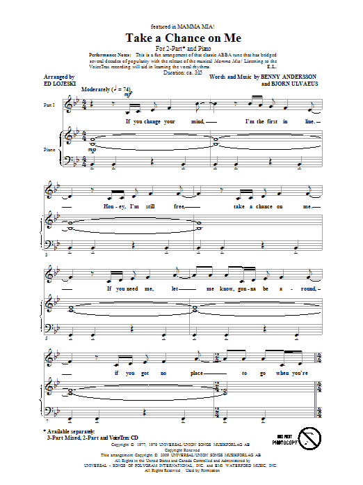 ABBA Take A Chance On Me (arr. Ed Lojeski) Sheet Music Notes & Chords for 2-Part Choir - Download or Print PDF