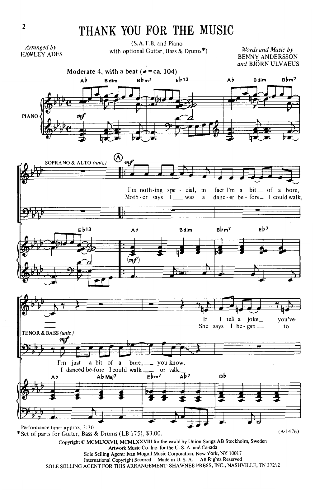 ABBA Thank You For The Music (arr. Hawley Ades) Sheet Music Notes & Chords for SATB Choir - Download or Print PDF