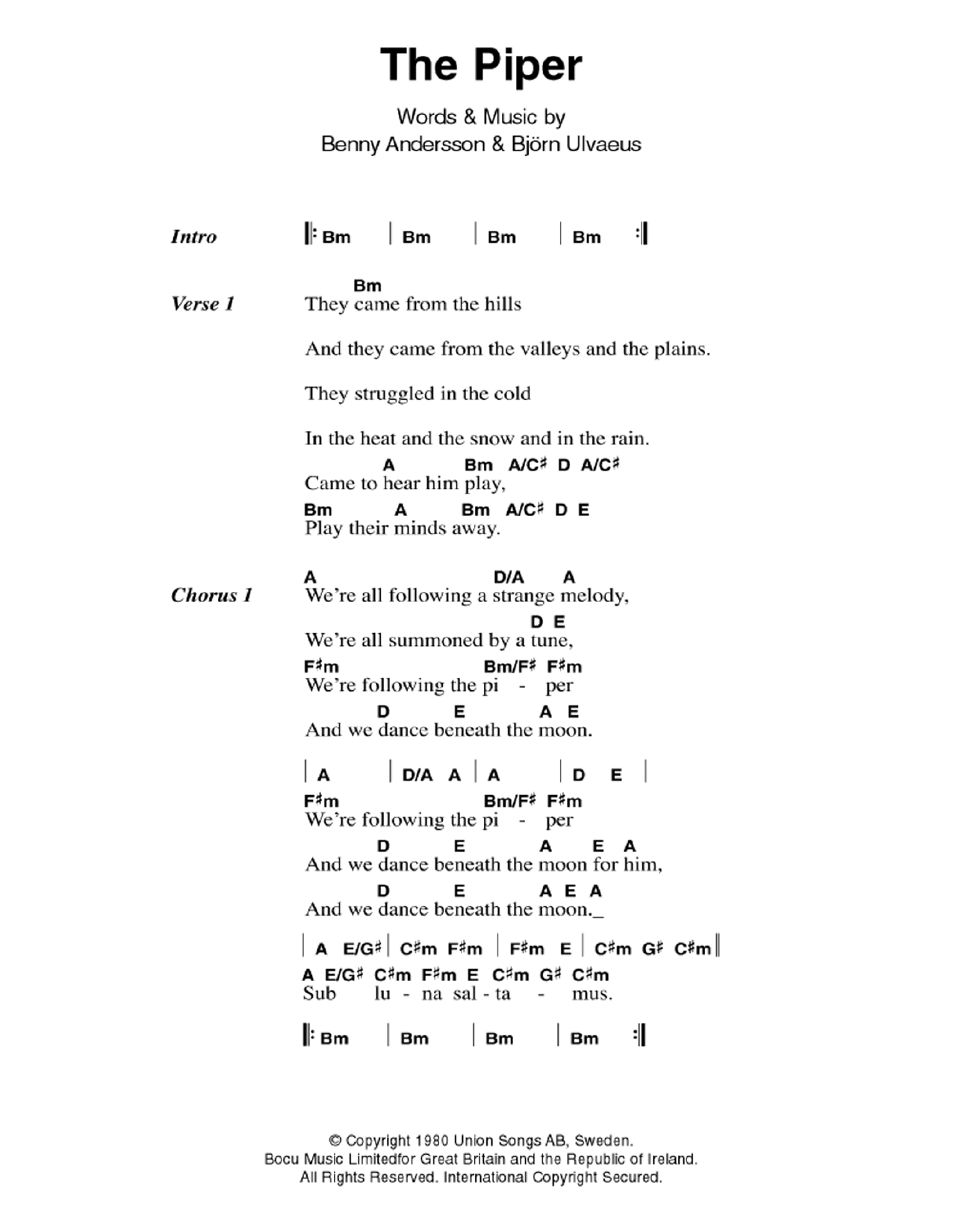 ABBA The Piper Sheet Music Notes & Chords for Lyrics & Chords - Download or Print PDF