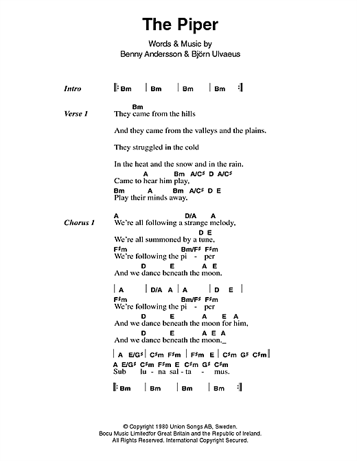 ABBA The Piper Sheet Music Notes & Chords for Lyrics & Chords - Download or Print PDF