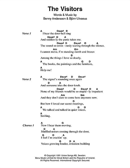 Preview ABBA The Visitors Pop sheet music, notes and chords for Piano, Vocal & Guitar (Right-Hand Melody), SKU: 19224 sheet music, piano notes, chords, guitar tabs, score, transpose, transcribe, how to play, guide, download, learn, tutorial, progression, song, artist, awards, billboard, mtv, vh1, tour, single, album, release