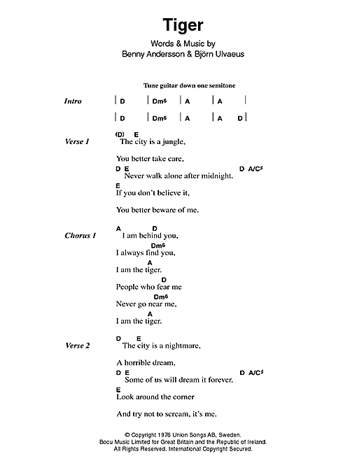 ABBA Tiger Sheet Music Notes & Chords for Piano, Vocal & Guitar (Right-Hand Melody) - Download or Print PDF