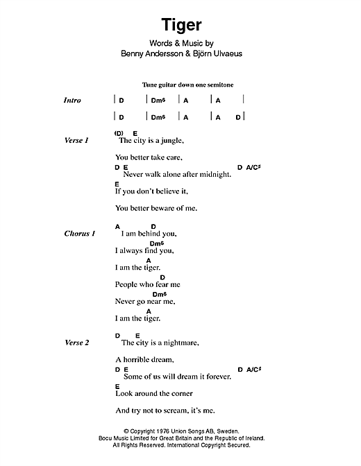 ABBA Tiger Sheet Music Notes & Chords for Lyrics & Chords - Download or Print PDF