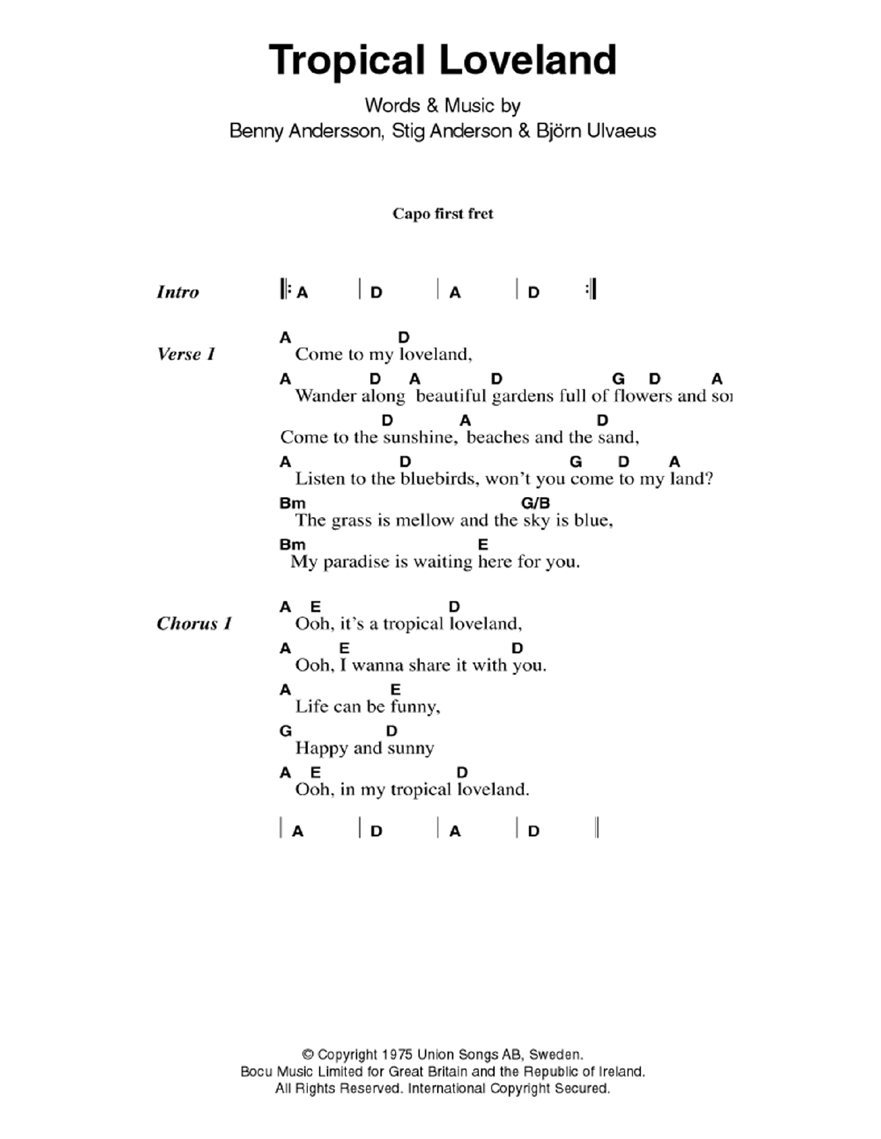 ABBA Tropical Loveland Sheet Music Notes & Chords for Lyrics & Chords - Download or Print PDF