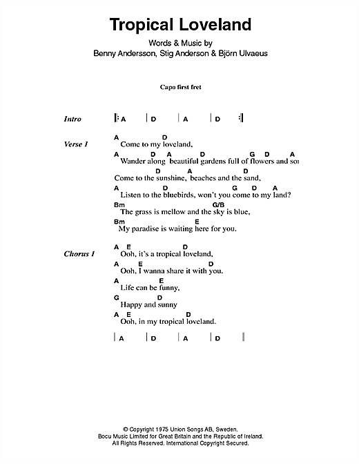 ABBA Tropical Loveland Sheet Music Notes & Chords for Lyrics & Chords - Download or Print PDF