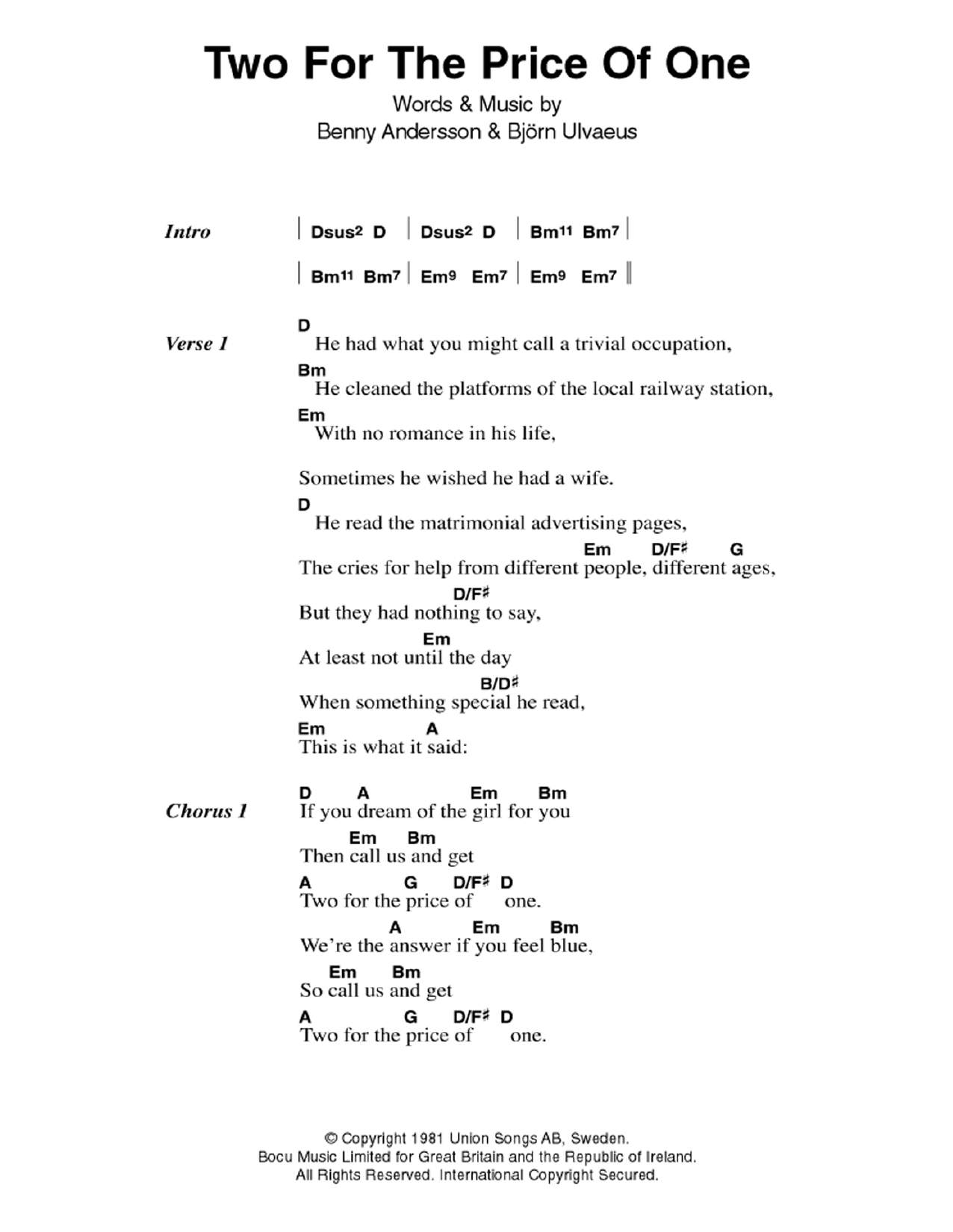 ABBA Two For The Price Of One Sheet Music Notes & Chords for Lyrics & Chords - Download or Print PDF