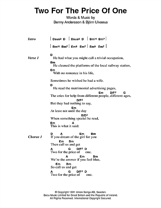 ABBA Two For The Price Of One Sheet Music Notes & Chords for Lyrics & Chords - Download or Print PDF