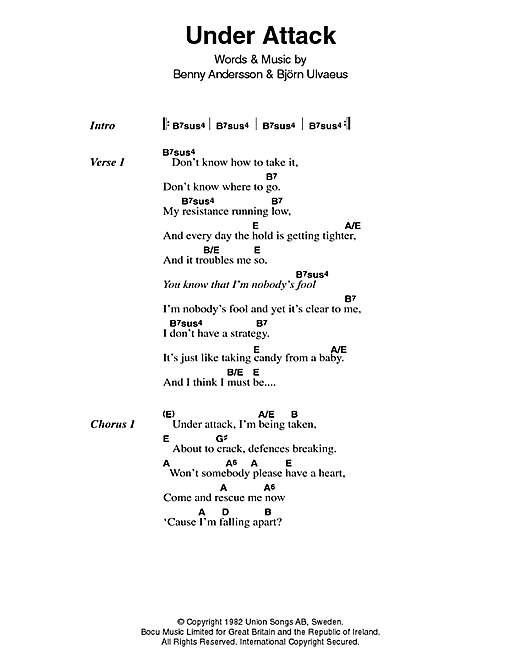 Preview ABBA Under Attack Pop sheet music, notes and chords for Piano, Vocal & Guitar (Right-Hand Melody), SKU: 18016 Under Attack sheet music
