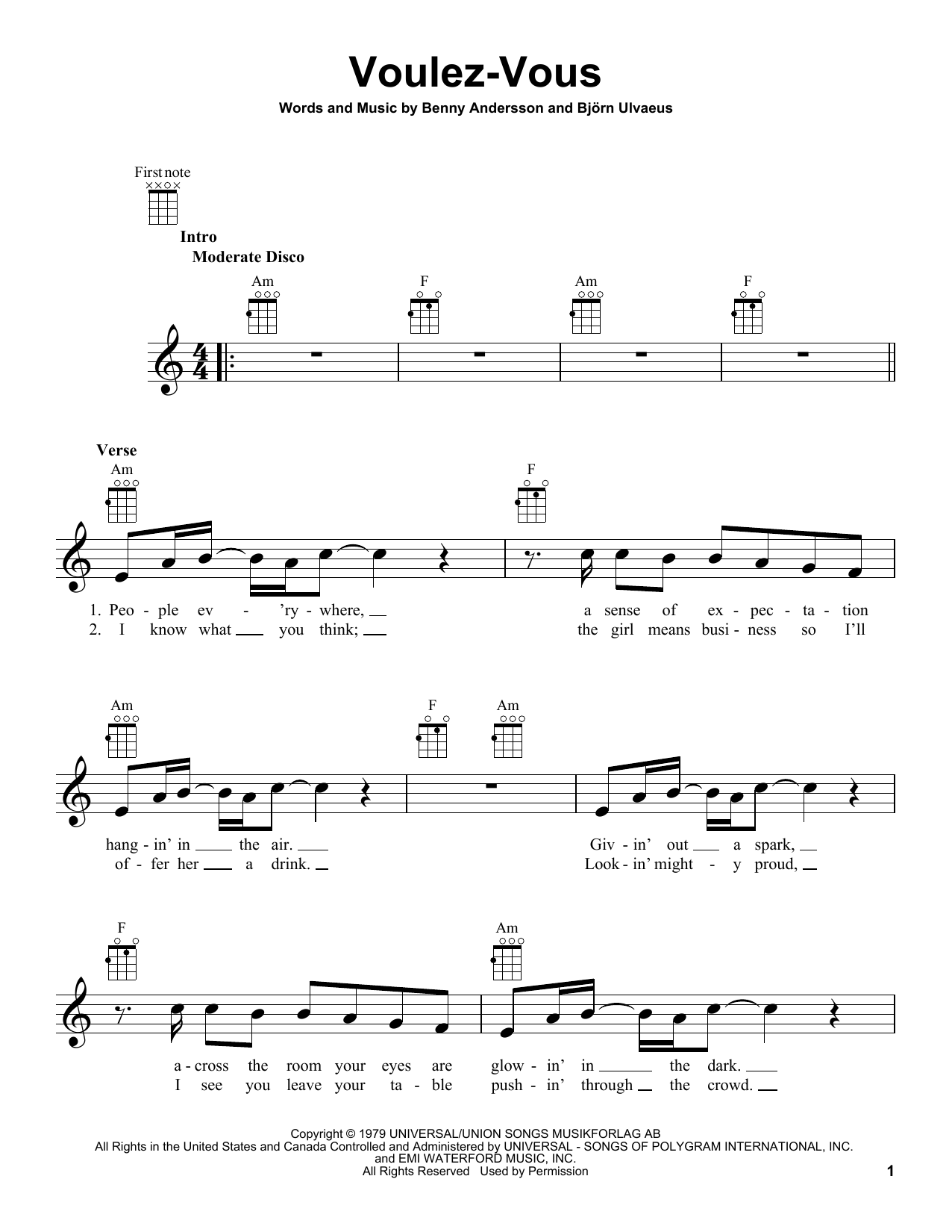 ABBA Voulez-Vous Sheet Music Notes & Chords for Ukulele - Download or Print PDF