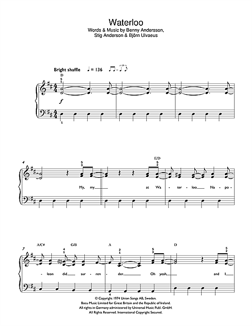 ABBA Waterloo Sheet Music Notes & Chords for Lyrics & Piano Chords - Download or Print PDF