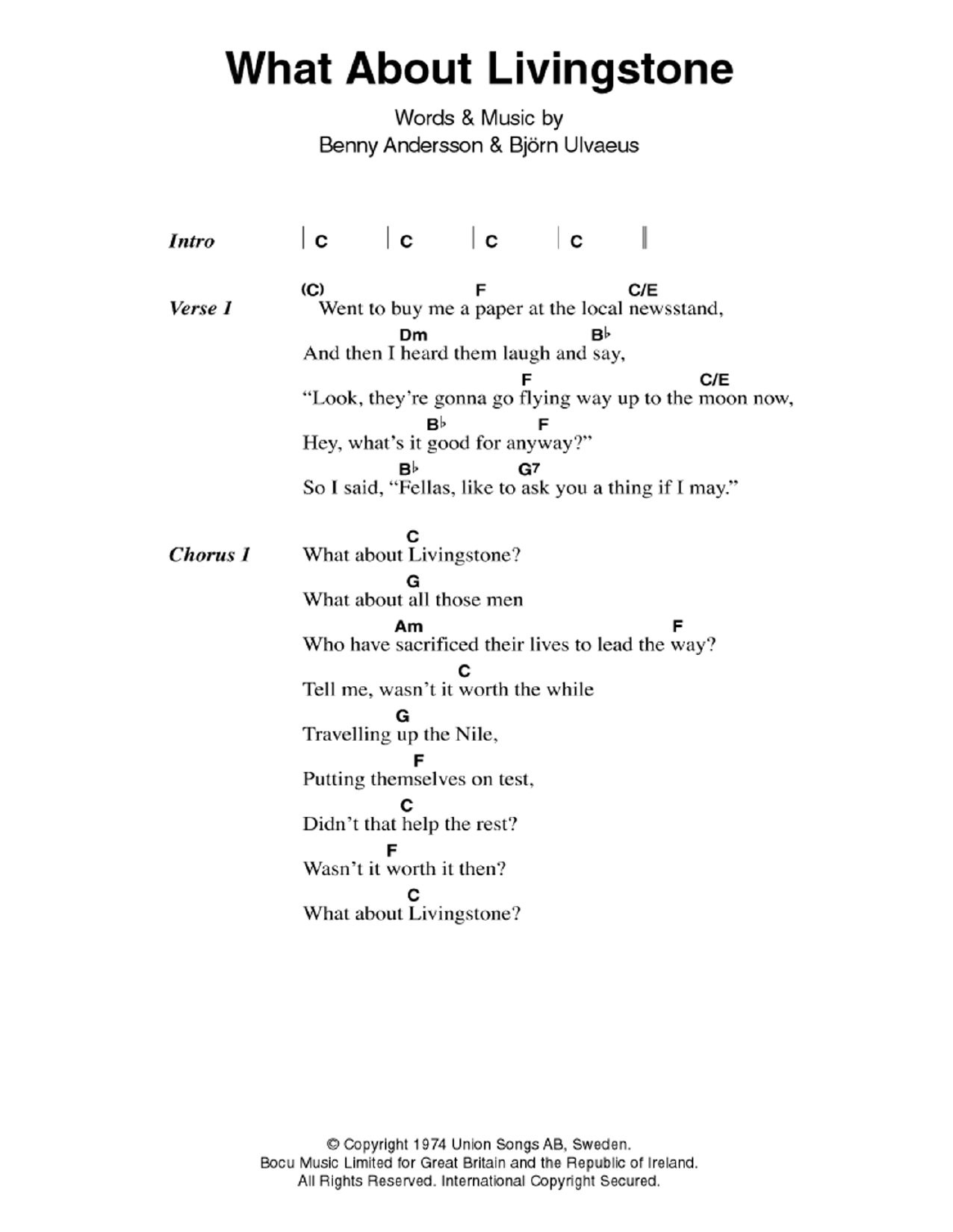 ABBA What About Livingstone Sheet Music Notes & Chords for Lyrics & Chords - Download or Print PDF