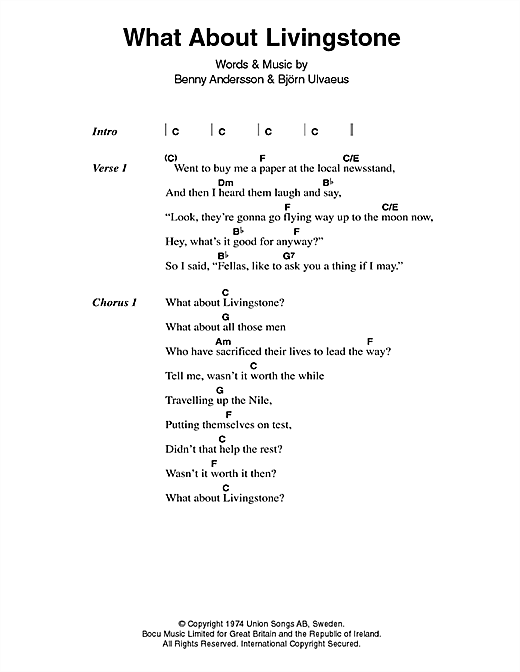 ABBA What About Livingstone Sheet Music Notes & Chords for Lyrics & Chords - Download or Print PDF