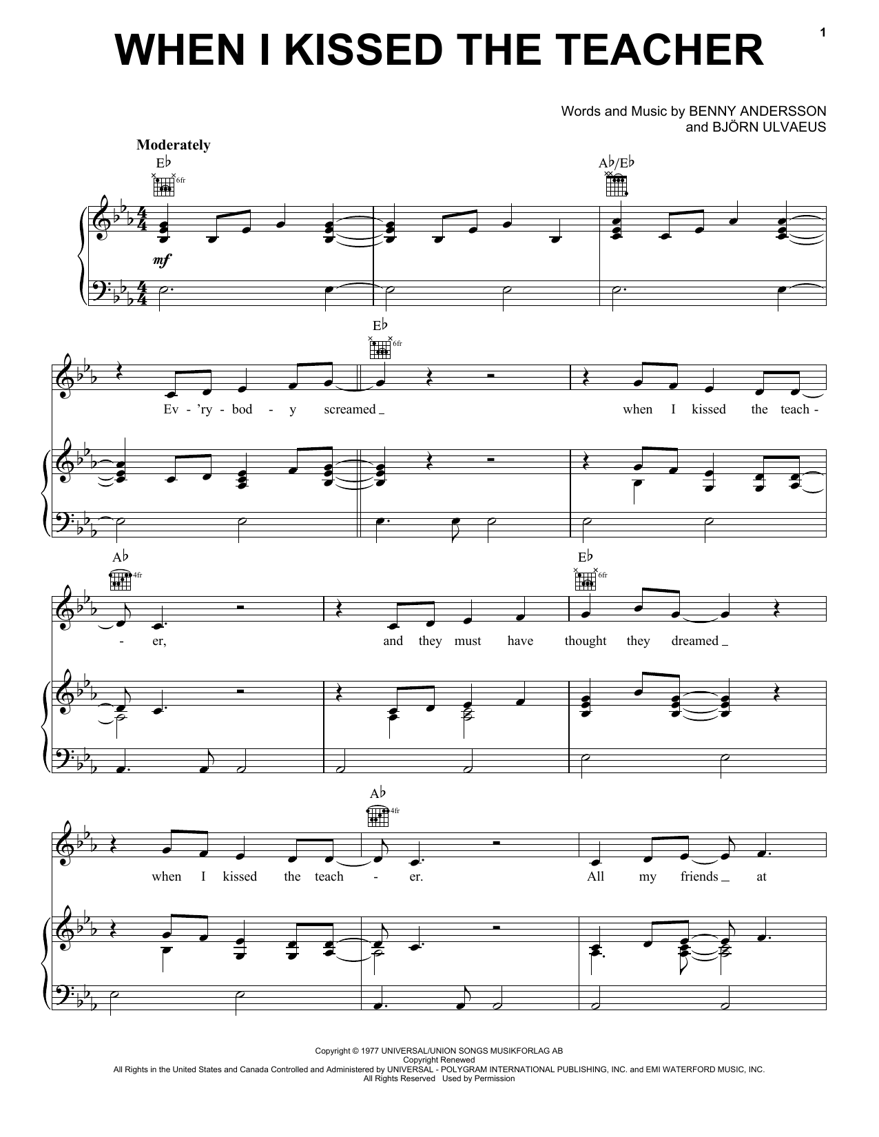 ABBA When I Kissed The Teacher (from Mamma Mia! Here We Go Again) Sheet Music Notes & Chords for Piano, Vocal & Guitar (Right-Hand Melody) - Download or Print PDF