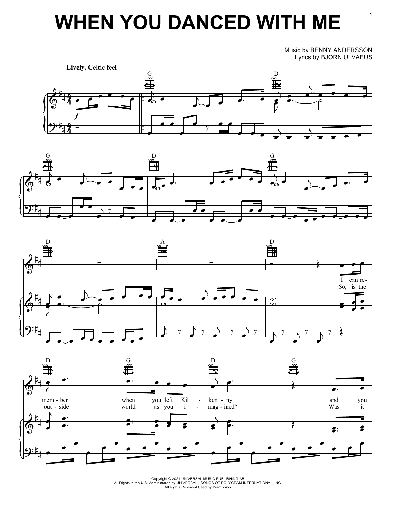 ABBA When You Danced With Me Sheet Music Notes & Chords for Piano, Vocal & Guitar Chords (Right-Hand Melody) - Download or Print PDF
