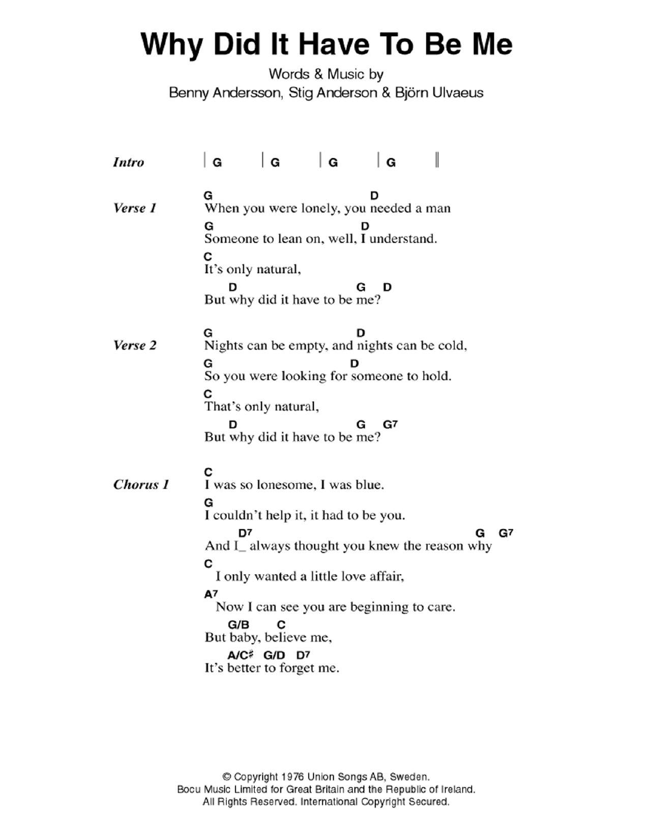 ABBA Why Did It Have To Be Me Sheet Music Notes & Chords for Lyrics & Chords - Download or Print PDF