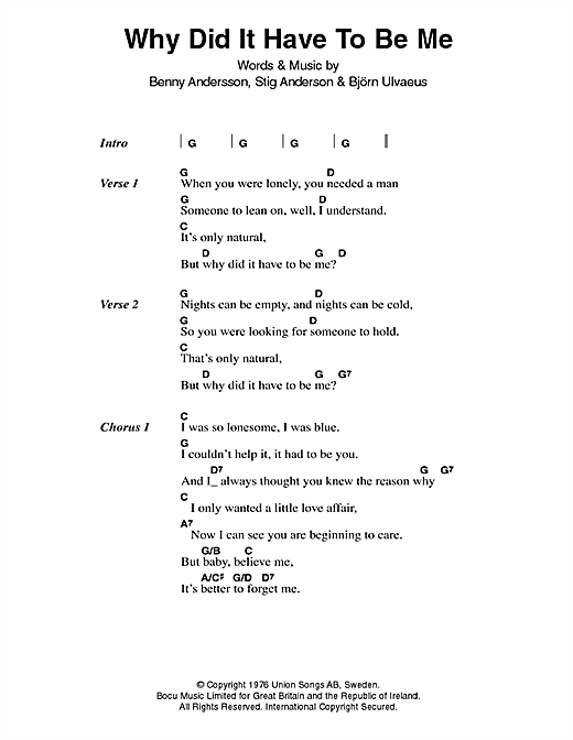 ABBA Why Did It Have To Be Me Sheet Music Notes & Chords for Lyrics & Chords - Download or Print PDF
