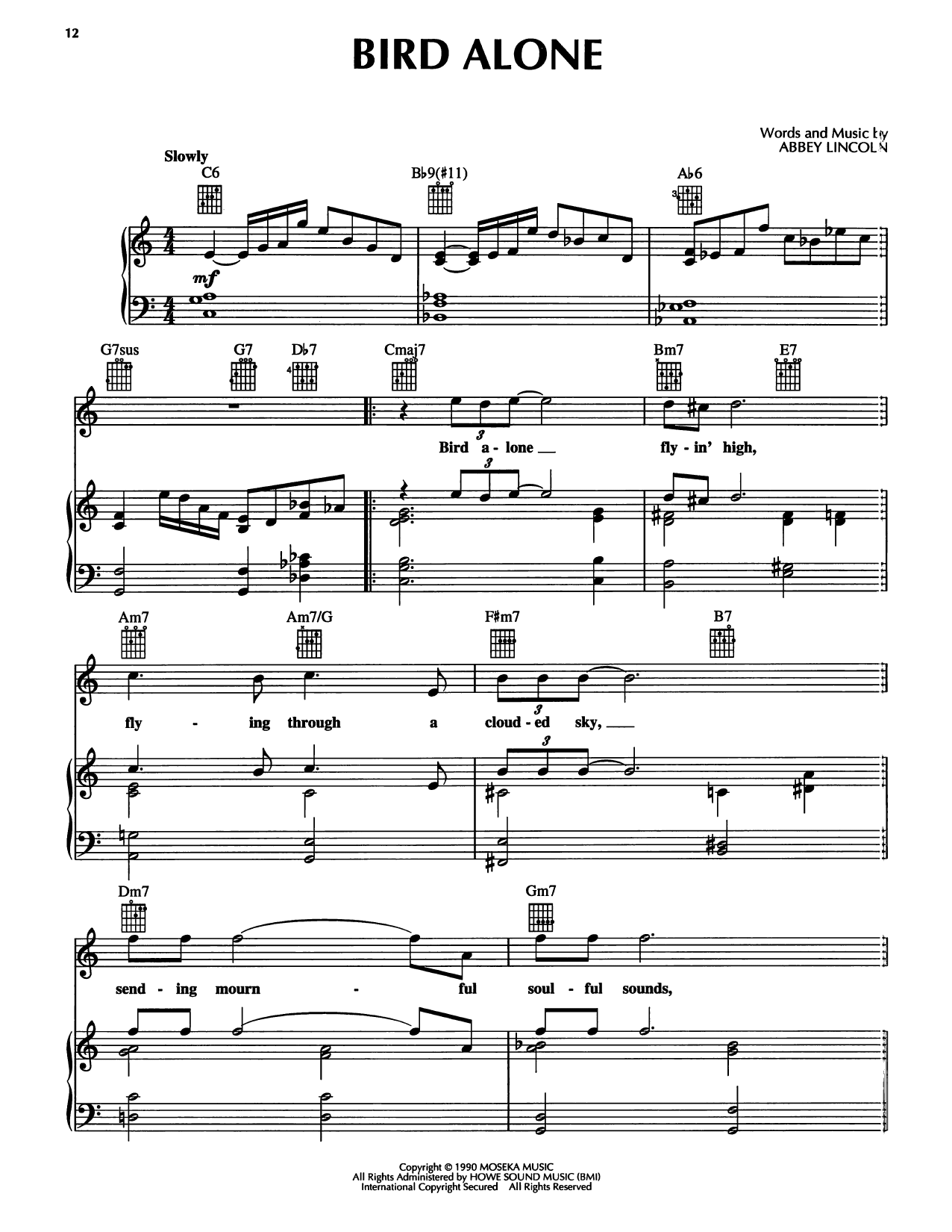 Abbey Lincoln Bird Alone Sheet Music Notes & Chords for Piano, Vocal & Guitar Chords (Right-Hand Melody) - Download or Print PDF