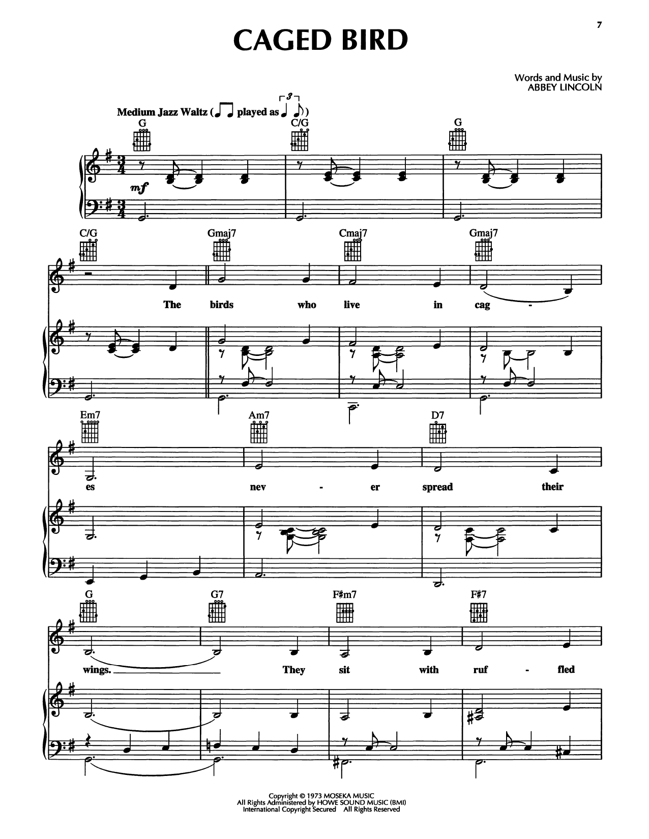 Abbey Lincoln Caged Bird Sheet Music Notes & Chords for Piano, Vocal & Guitar Chords (Right-Hand Melody) - Download or Print PDF