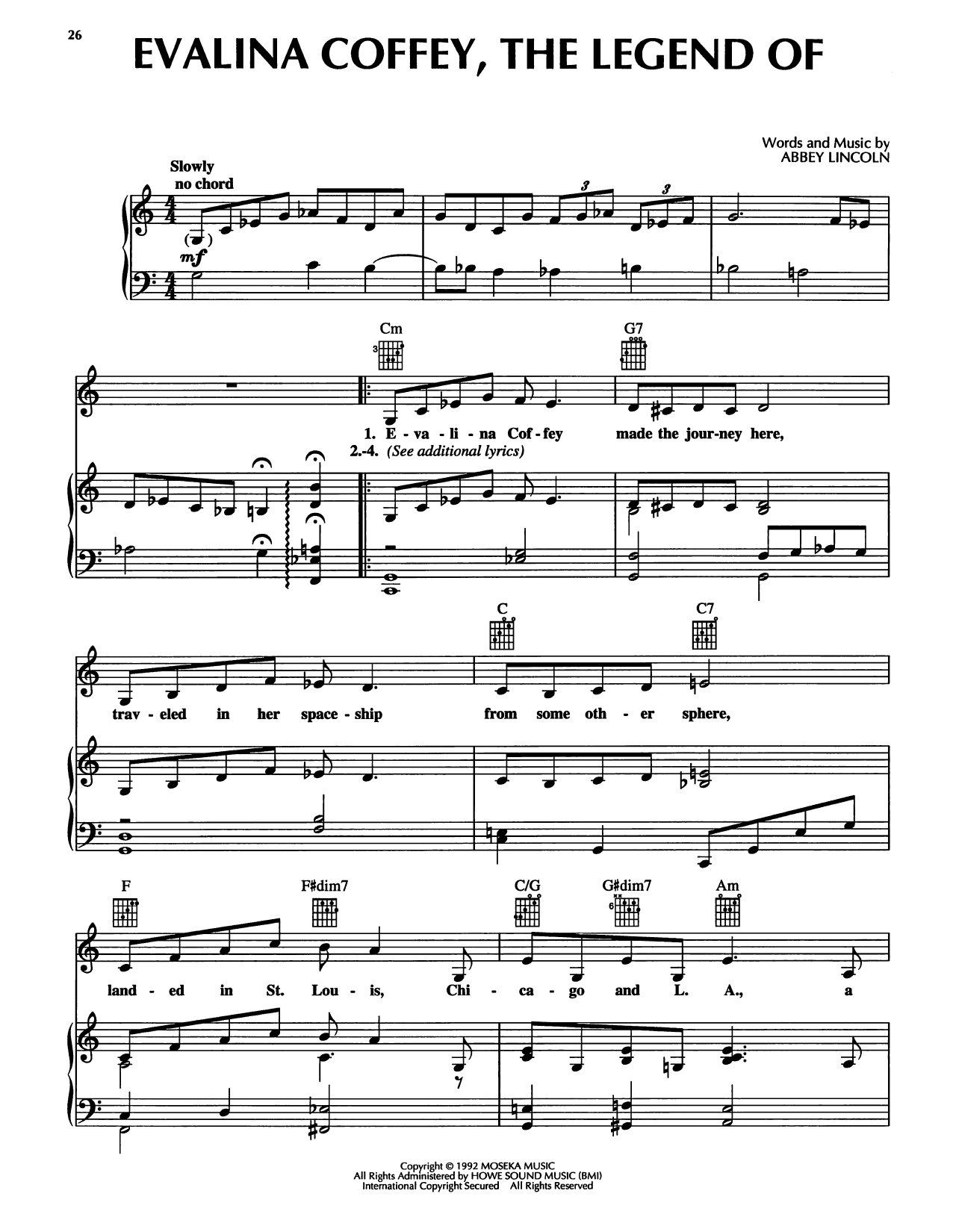 Abbey Lincoln Evalina Coffey (The Legend Of) Sheet Music Notes & Chords for Piano, Vocal & Guitar Chords (Right-Hand Melody) - Download or Print PDF