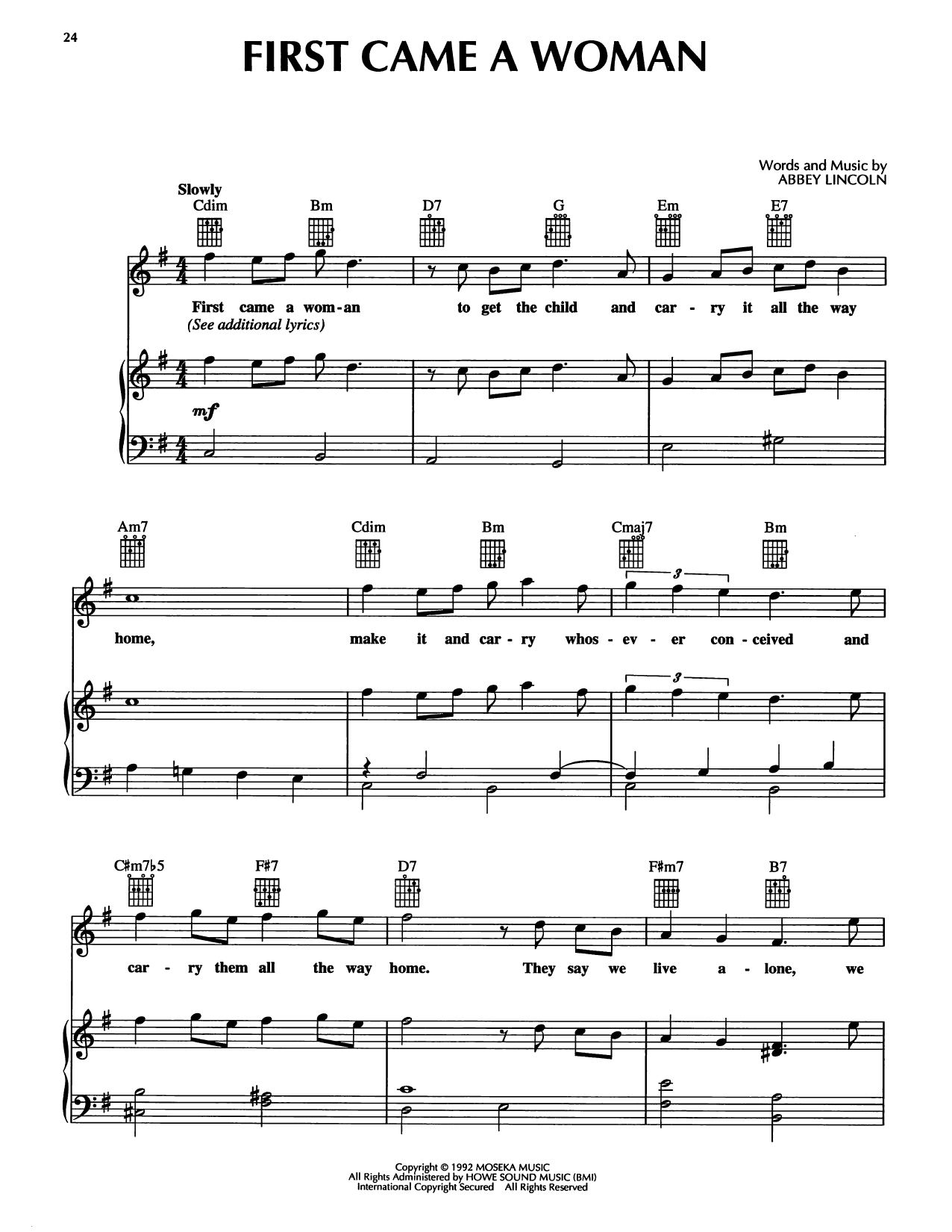 Abbey Lincoln First Came A Woman Sheet Music Notes & Chords for Piano, Vocal & Guitar Chords (Right-Hand Melody) - Download or Print PDF
