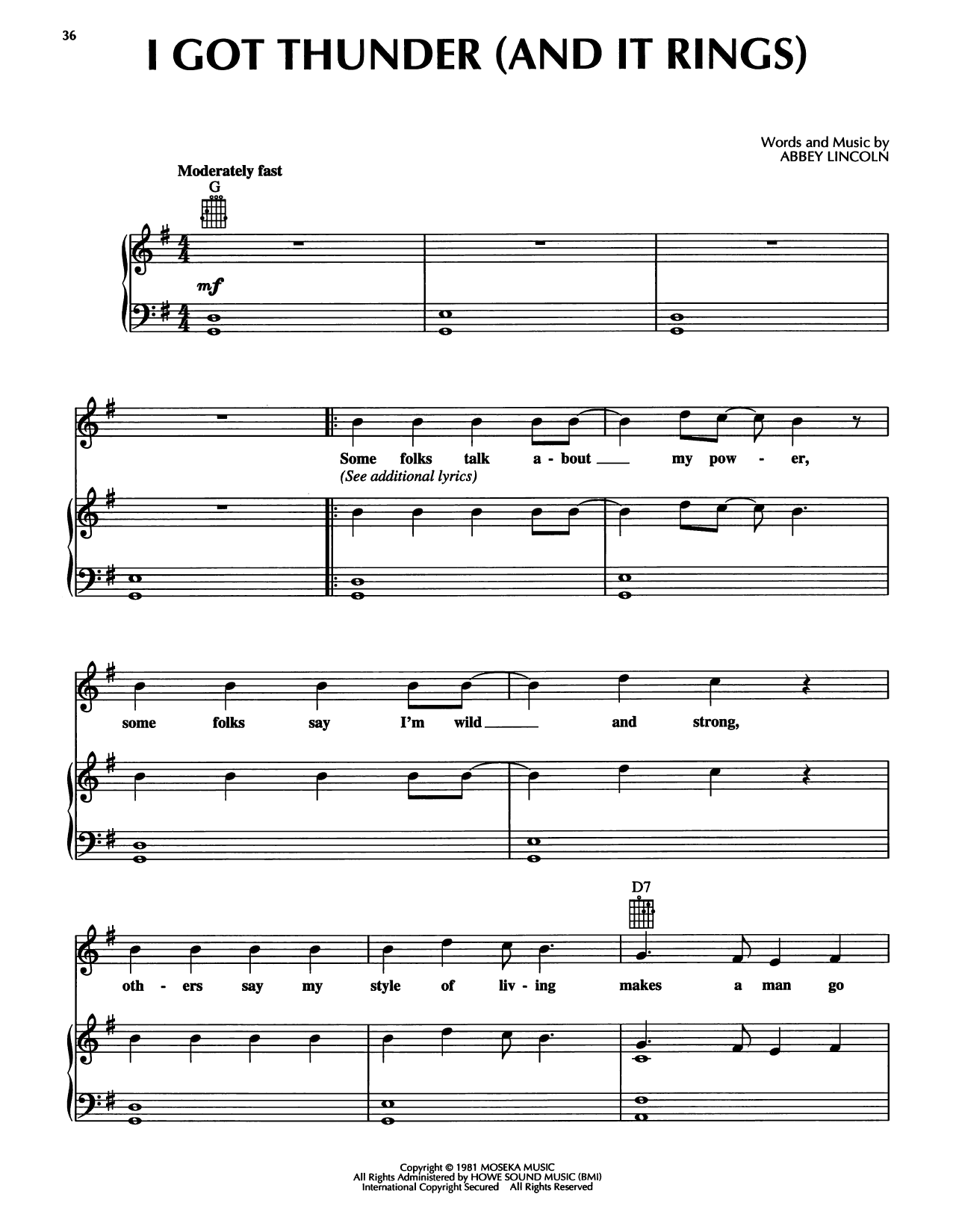 Abbey Lincoln I Got Thunder (And It Rings) Sheet Music Notes & Chords for Piano, Vocal & Guitar Chords (Right-Hand Melody) - Download or Print PDF