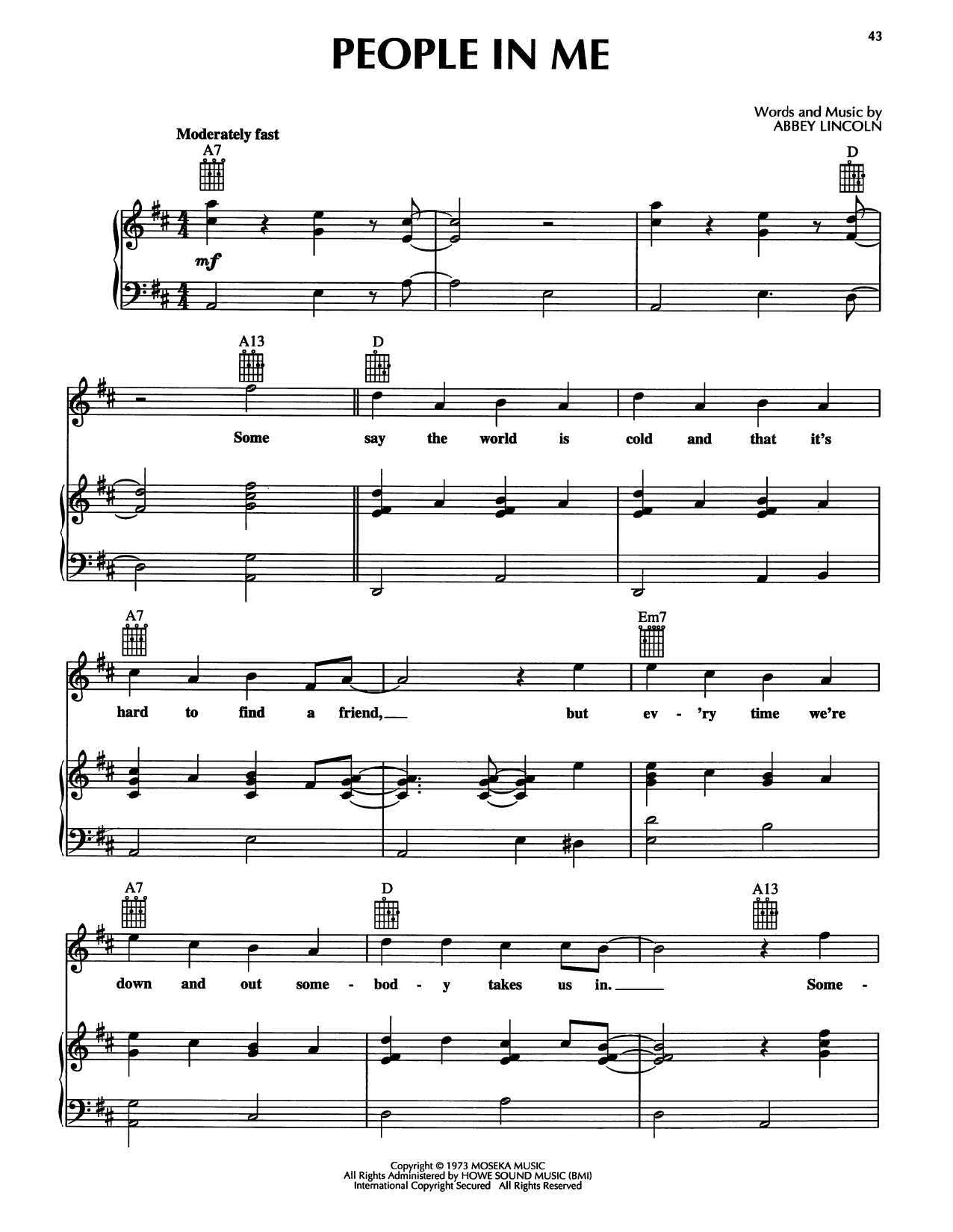Abbey Lincoln People In Me Sheet Music Notes & Chords for Piano, Vocal & Guitar Chords (Right-Hand Melody) - Download or Print PDF