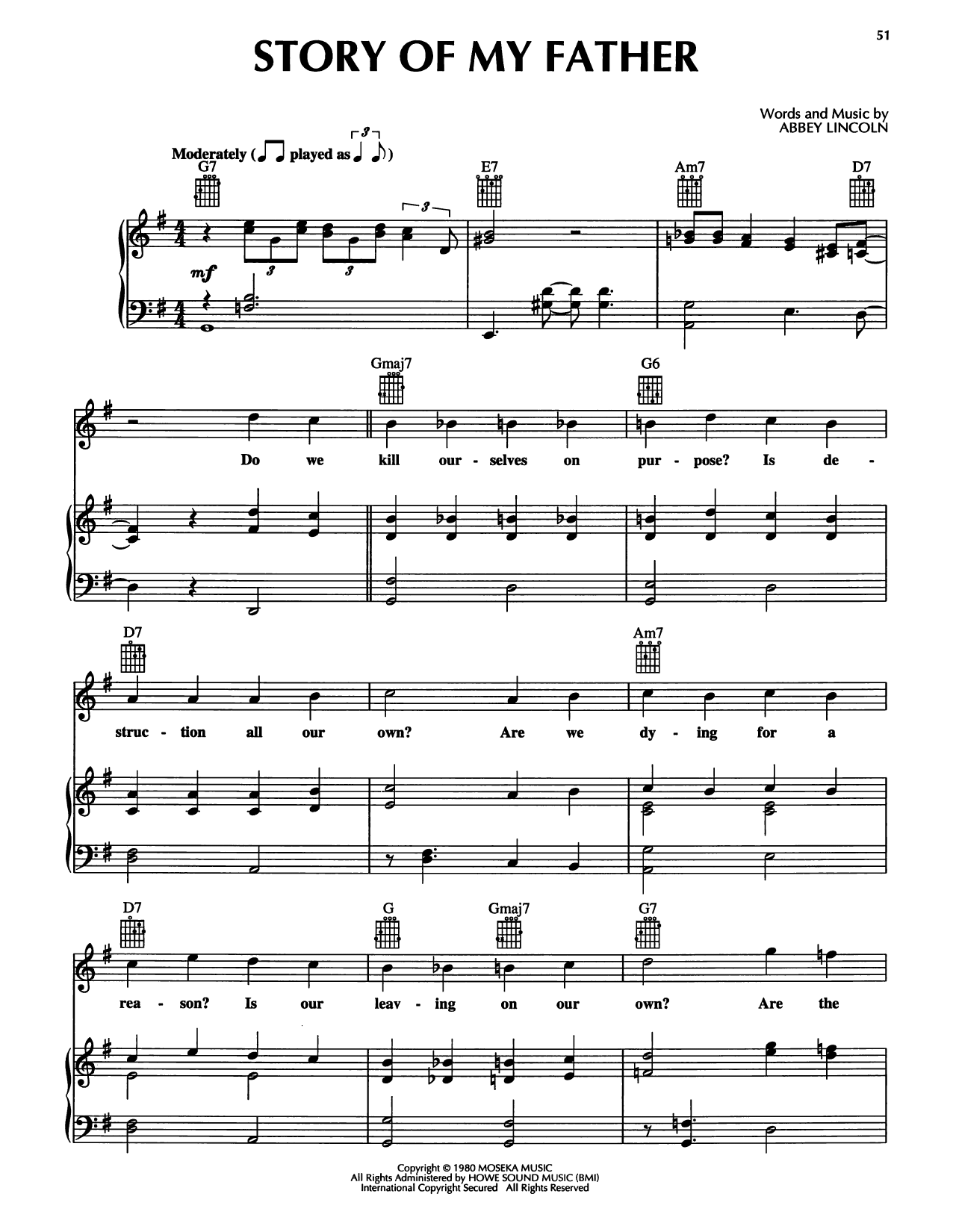 Abbey Lincoln Story Of My Father Sheet Music Notes & Chords for Piano, Vocal & Guitar Chords (Right-Hand Melody) - Download or Print PDF