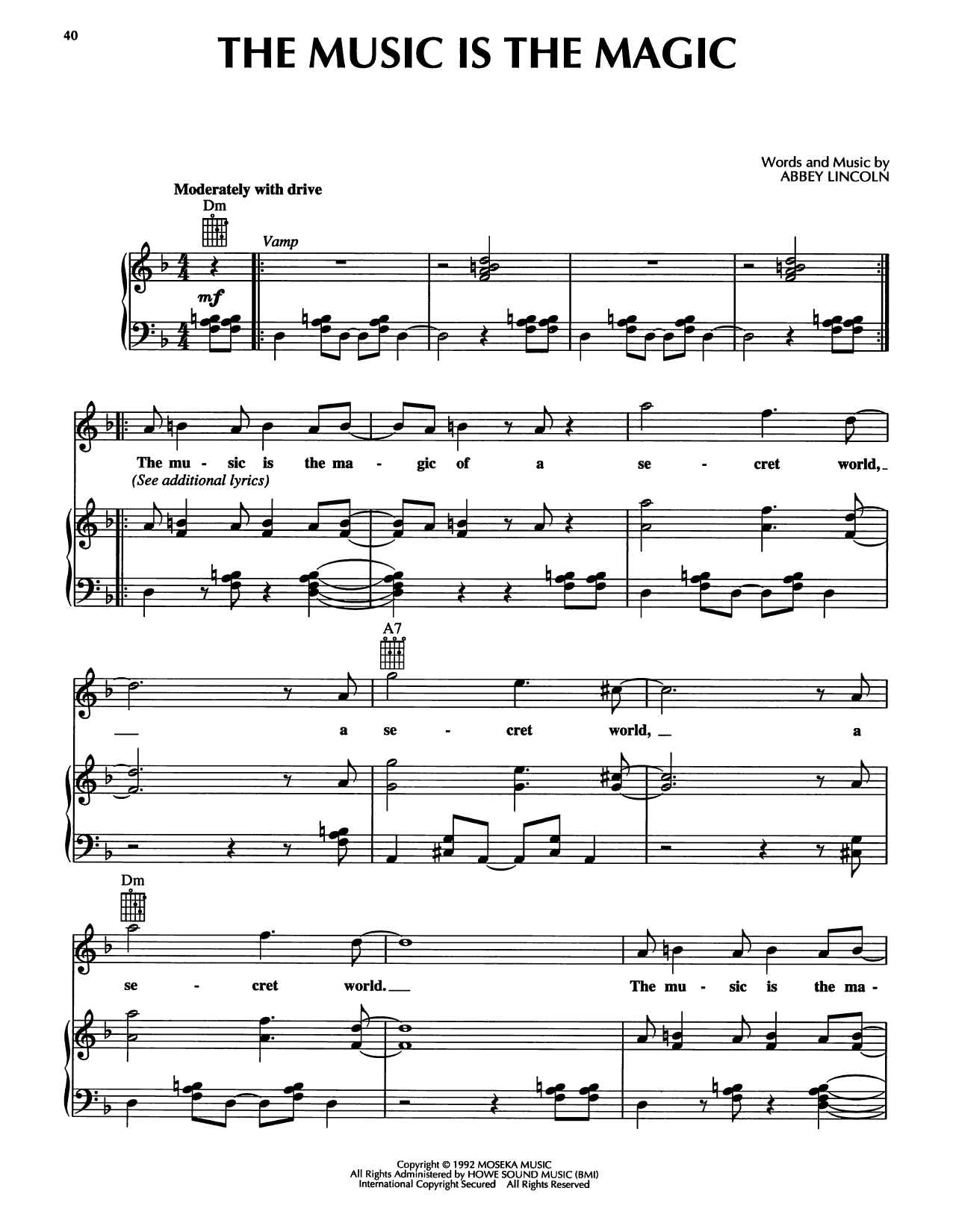 Abbey Lincoln The Music Is The Magic Sheet Music Notes & Chords for Piano, Vocal & Guitar Chords (Right-Hand Melody) - Download or Print PDF