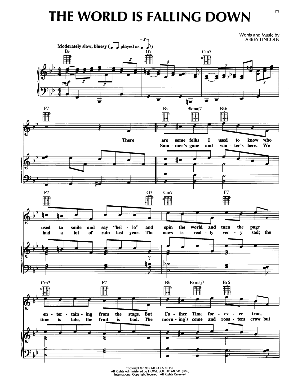 Abbey Lincoln The World Is Falling Down Sheet Music Notes & Chords for Piano, Vocal & Guitar Chords (Right-Hand Melody) - Download or Print PDF