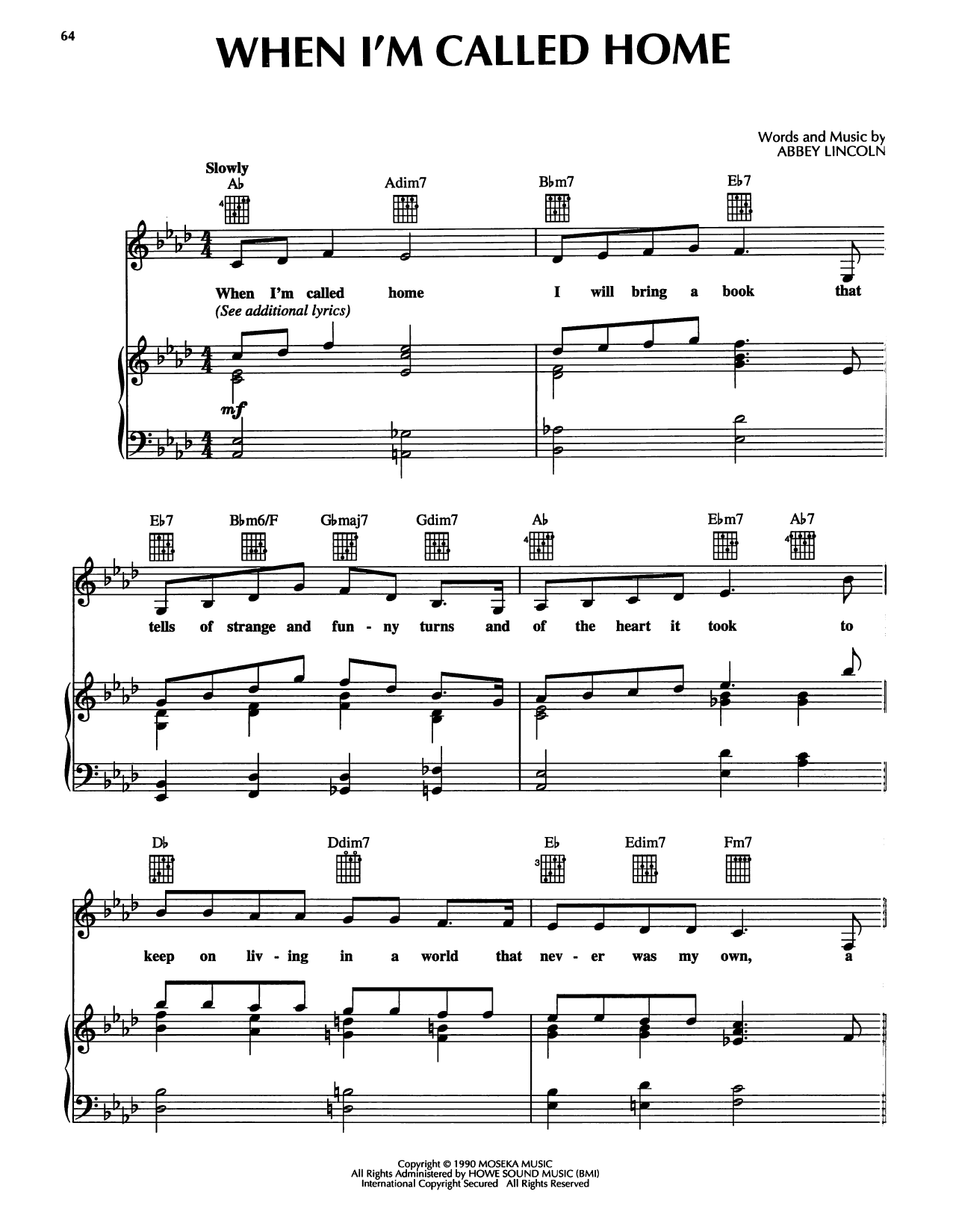 Abbey Lincoln When I'm Called Home Sheet Music Notes & Chords for Piano, Vocal & Guitar Chords (Right-Hand Melody) - Download or Print PDF