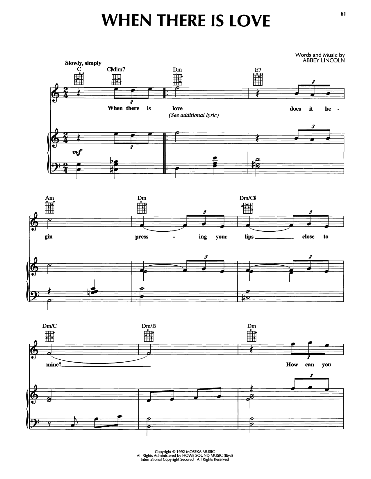 Abbey Lincoln When There Is Love Sheet Music Notes & Chords for Piano, Vocal & Guitar Chords (Right-Hand Melody) - Download or Print PDF