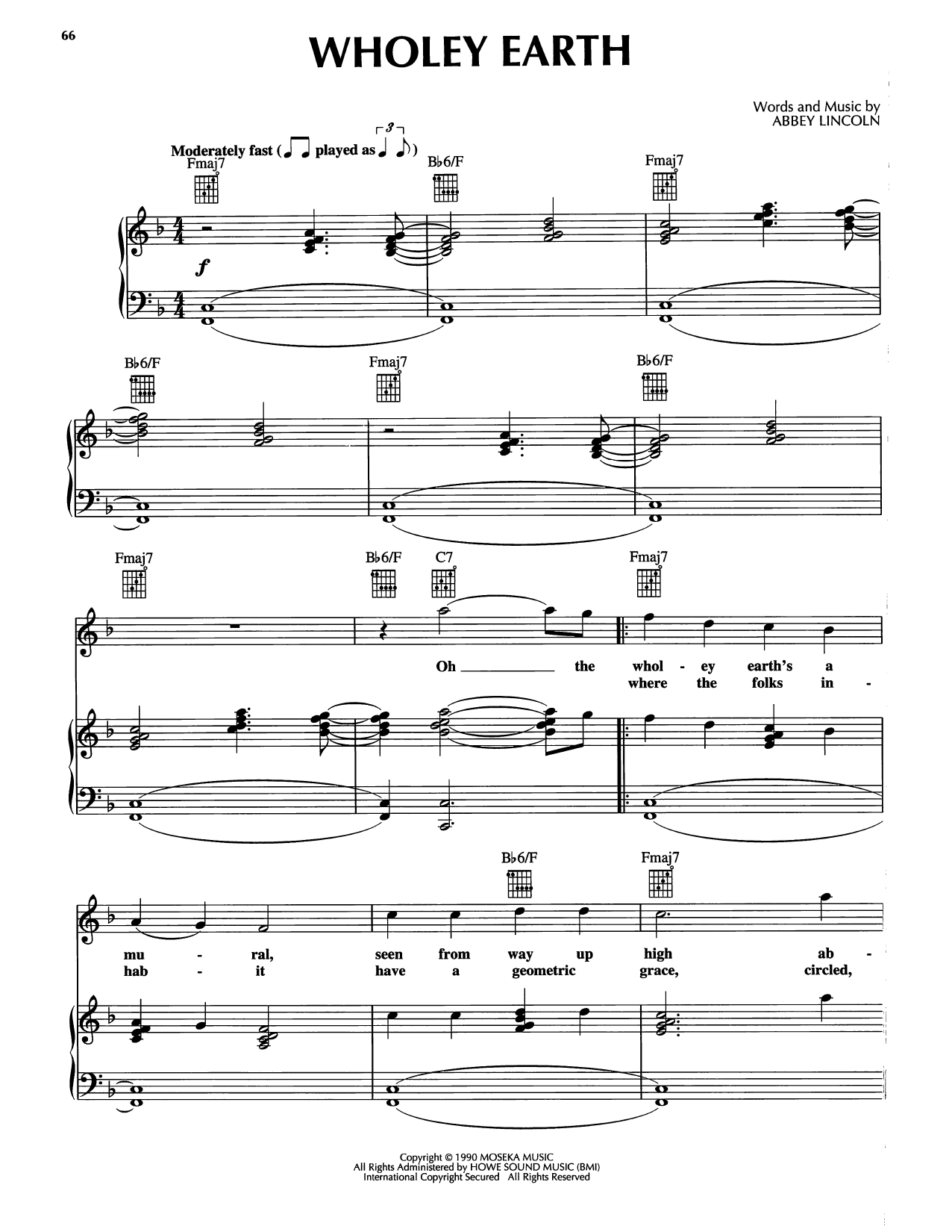 Abbey Lincoln Wholey Earth Sheet Music Notes & Chords for Piano, Vocal & Guitar Chords (Right-Hand Melody) - Download or Print PDF