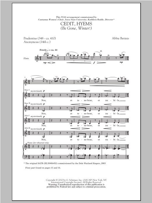 Abbie Betinis Cedit, Hyems (Be Gone, Winter!) Sheet Music Notes & Chords for SSA - Download or Print PDF
