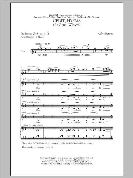 Preview Abbie Betinis Cedit, Hyems (Be Gone, Winter!) Concert sheet music, notes and chords for SSA, SKU: 94047 Cedit, Hyems (Be Gone, Winter!) sheet music