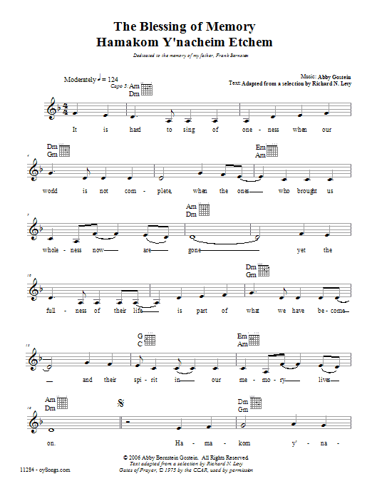 Abby Gostein Blessing of Memory Sheet Music Notes & Chords for Piano, Vocal & Guitar (Right-Hand Melody) - Download or Print PDF