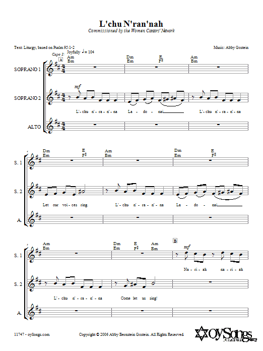 Abby Gostein L'chu N'ran'nah Sheet Music Notes & Chords for SSA - Download or Print PDF