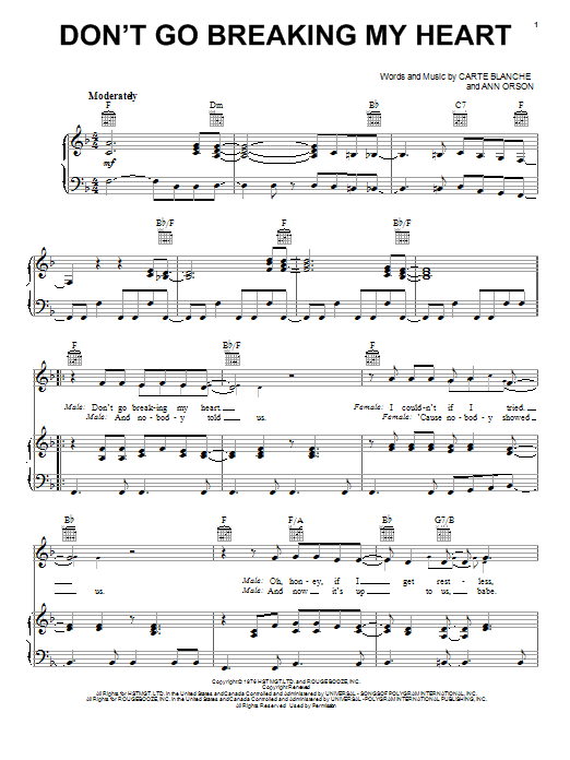 Abby Mallard Don't Go Breaking My Heart Sheet Music Notes & Chords for Piano, Vocal & Guitar (Right-Hand Melody) - Download or Print PDF